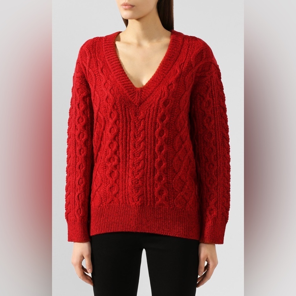Vince Merino Wool Cashmere Blend Cable Knit VNeck Sweater Cherry Red Women Small